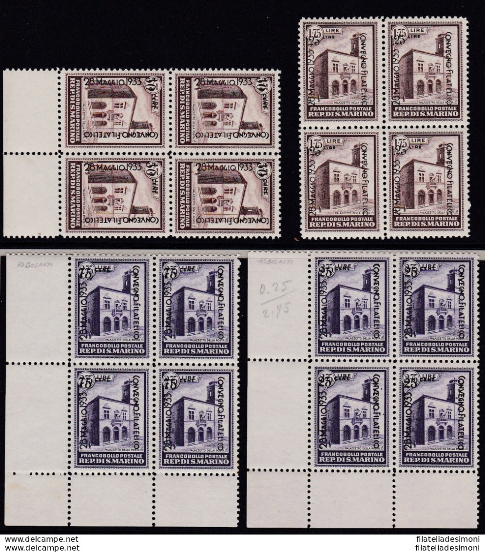 1933 SAN MARINO, N° 176/179  SPLENDIDE QUARTINE  MNH/** Cert. Bolaffi - Sonstige & Ohne Zuordnung