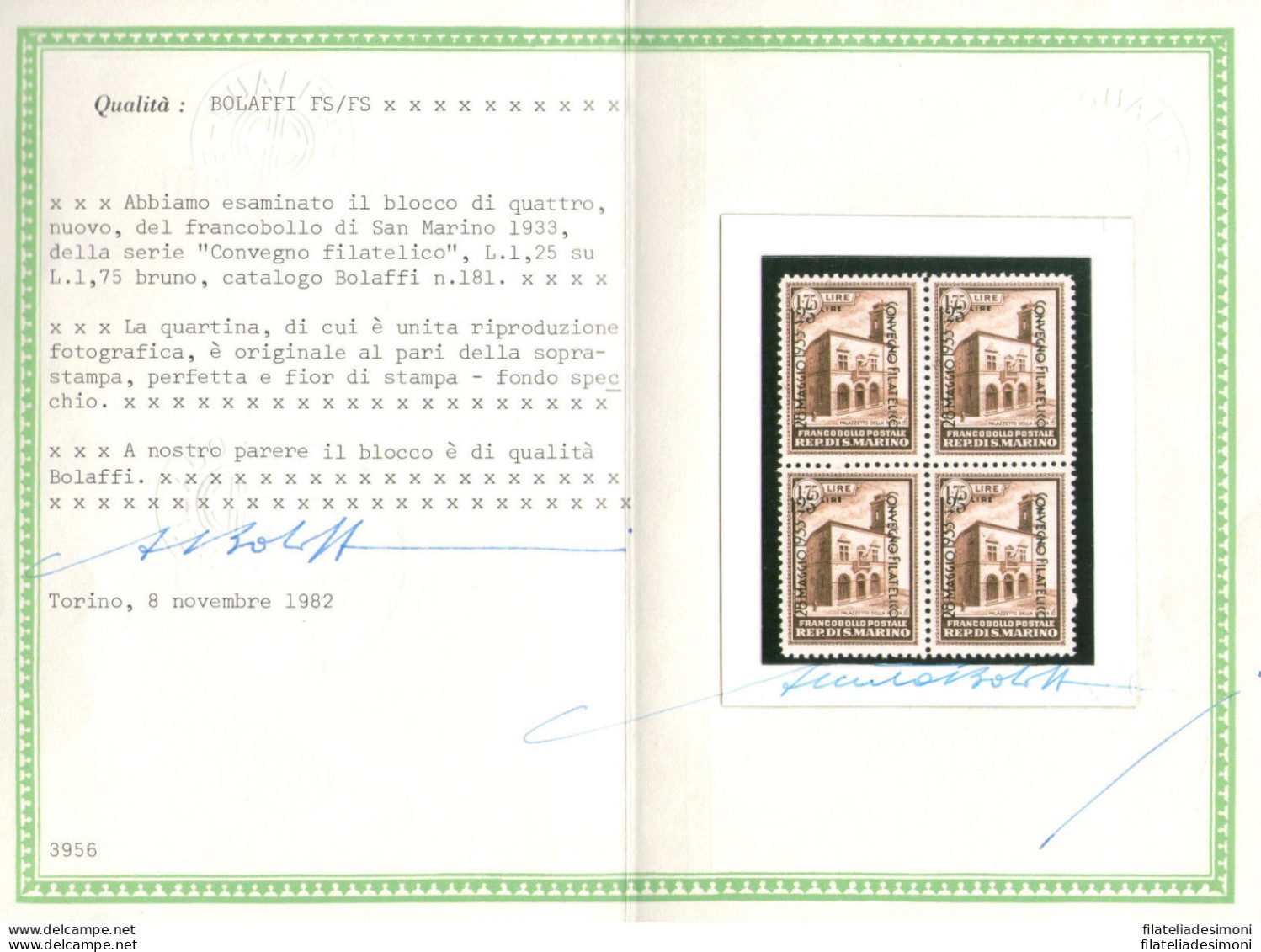 1933 SAN MARINO, N° 176/179  SPLENDIDE QUARTINE  MNH/** Cert. Bolaffi - Other & Unclassified