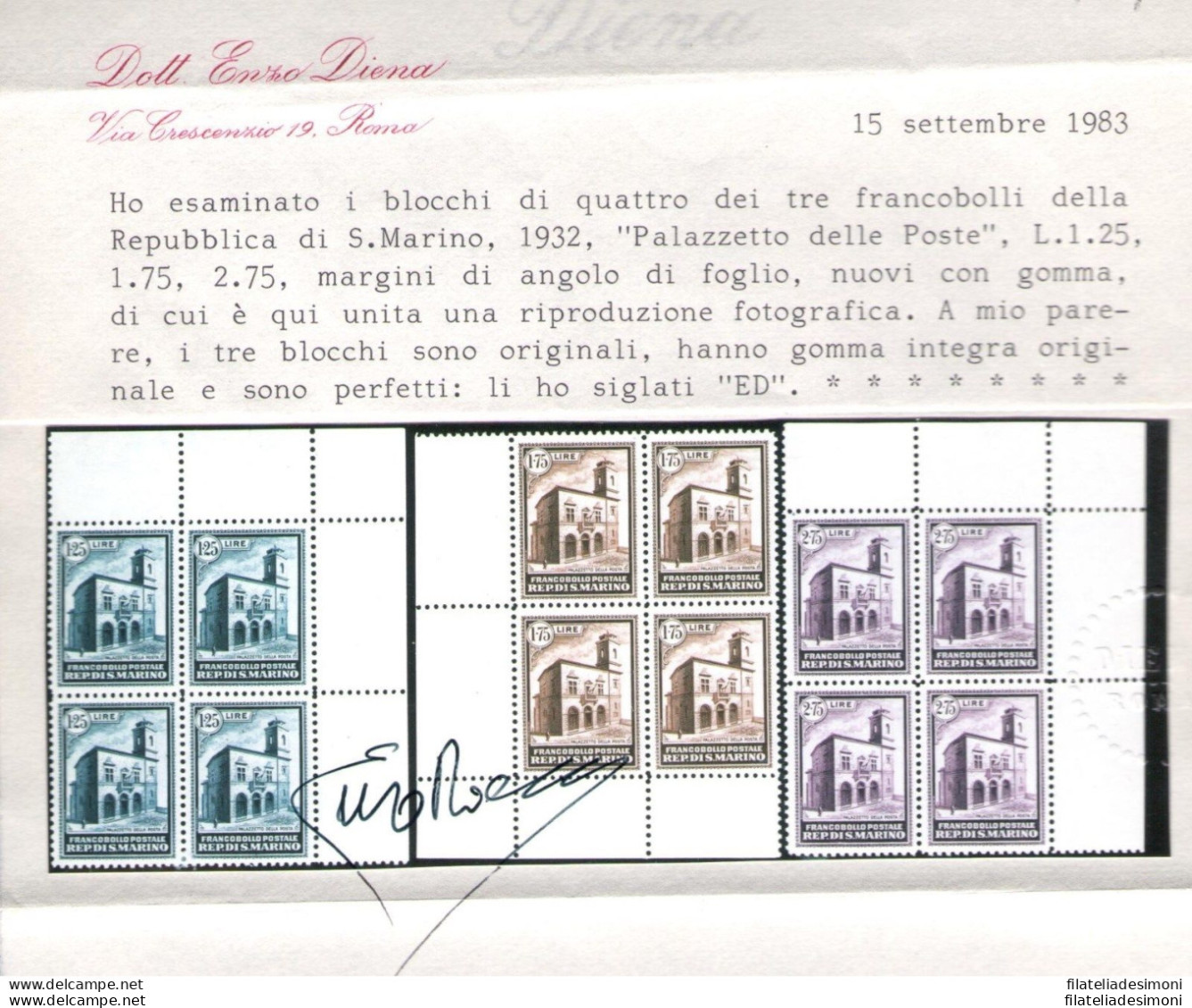 1932 SAN MARINO n° 159/163 SPLENDIDE QUARTINE MNH** Certificati Diena/Bolaffi