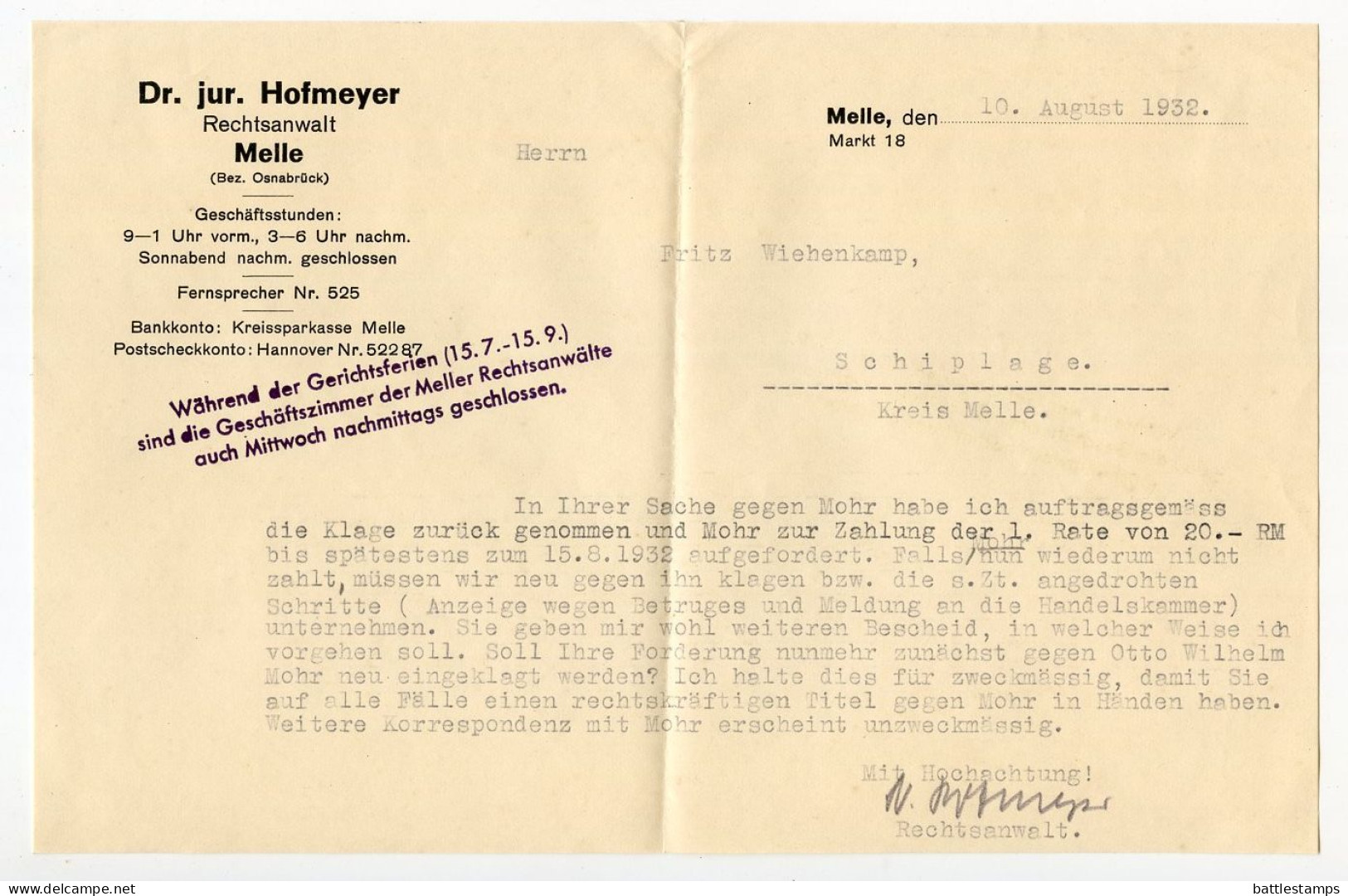 Germany 1932 Cover W/ Letter; Melle - Dr. Jur. Hofmeyer, Rechtsanwalt (Lawyer) To Schiplage;12pf. President Hindenburg - Briefe U. Dokumente