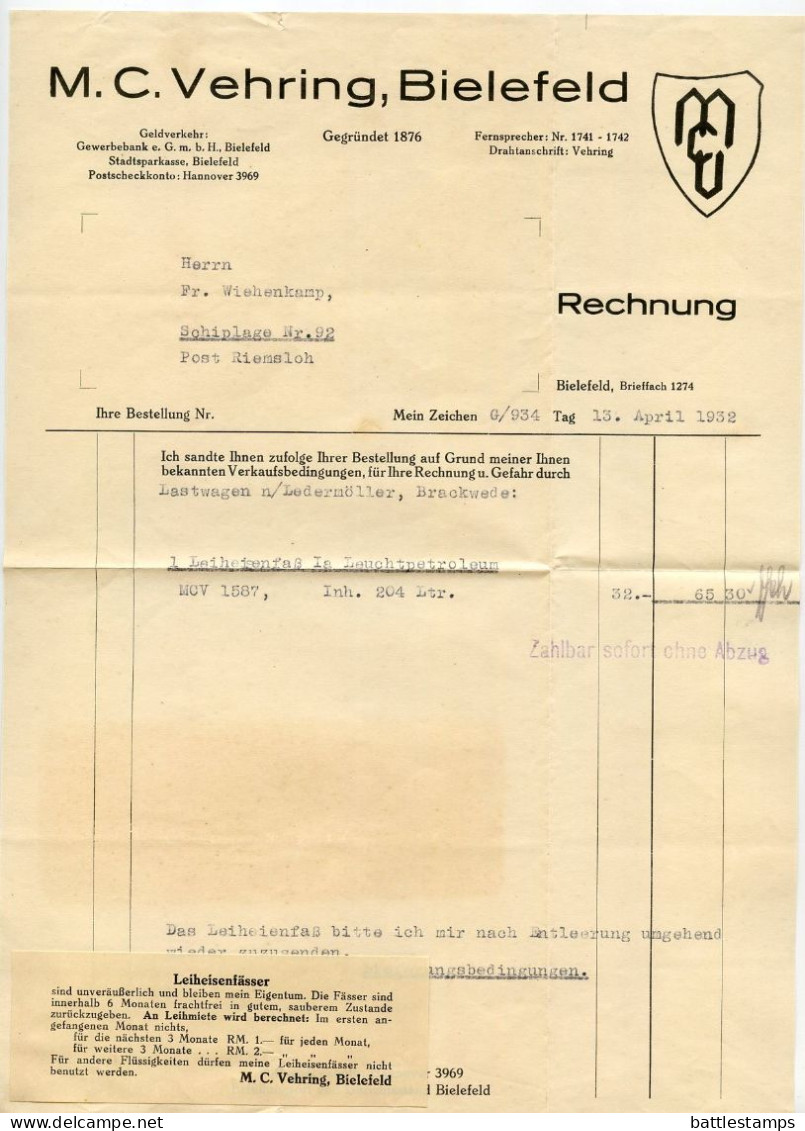 Germany 1932 Cover W/ Invoice; Bielefeld - M.C. Vehring To Schiplage;12pf. President Hindenburg; Luftpost Slogan Cancel - Covers & Documents