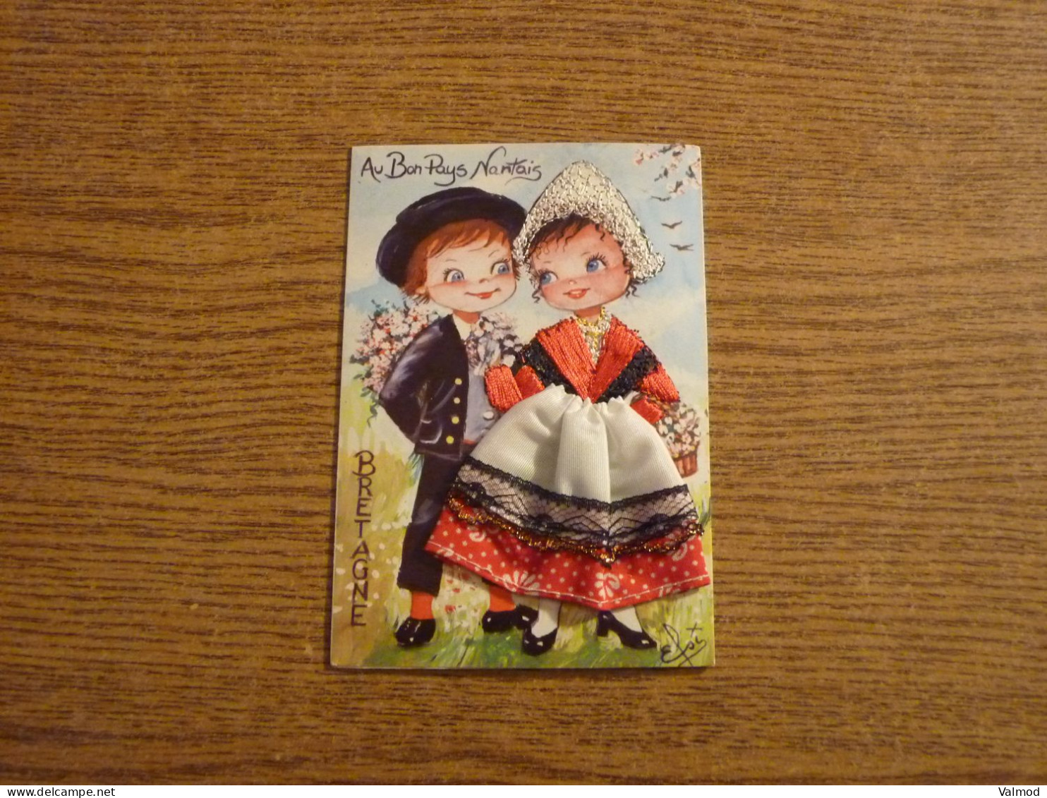 Carte Brodée "Au Bon Pays Nantais" - Jeune Couple - Jeune Femme Costume Brodé/Tissu- 10,5x14,8cm Env. - Embroidered