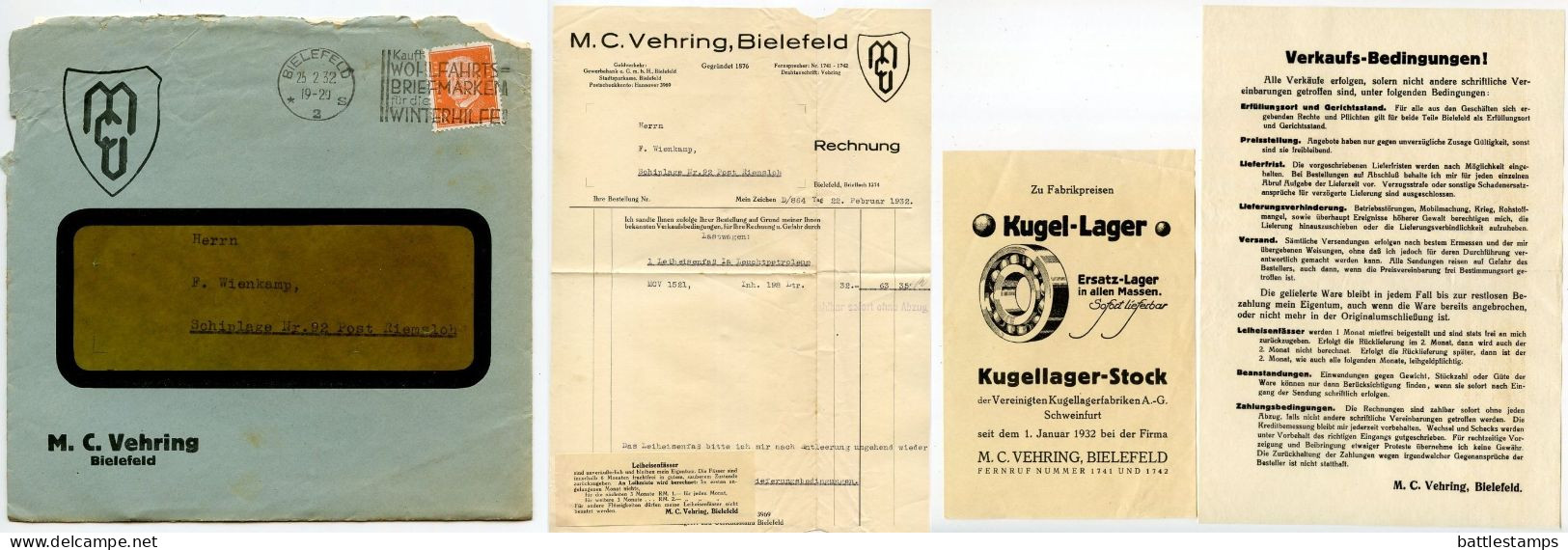 Germany 1932 Cover W/ Invoice; Bielefeld - M.C. Vehring To Schiplage;12pf. Hindenburg; Winterhilfe Slogan Cancel - Cartas & Documentos