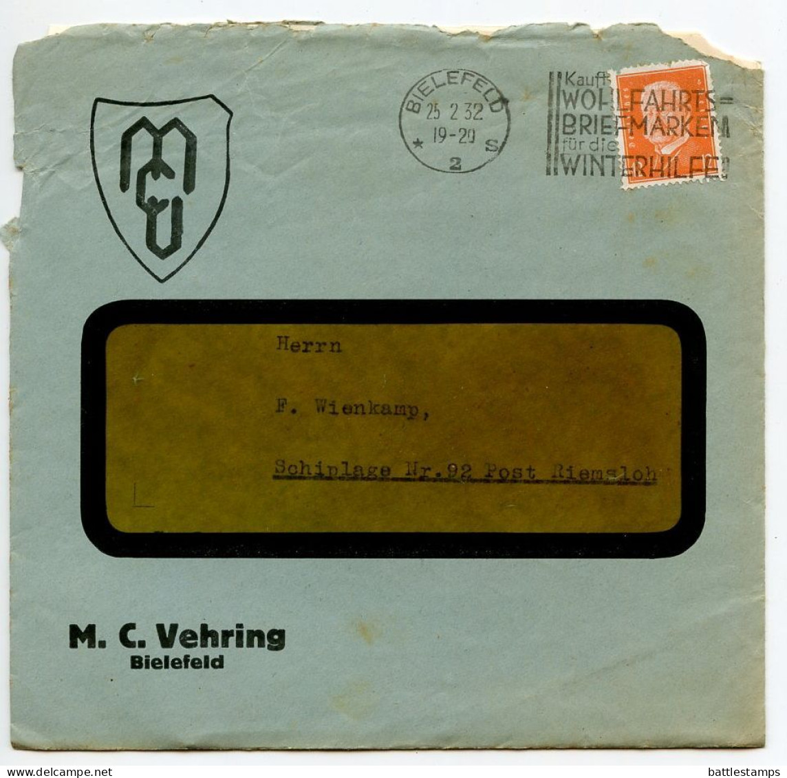 Germany 1932 Cover W/ Invoice; Bielefeld - M.C. Vehring To Schiplage;12pf. Hindenburg; Winterhilfe Slogan Cancel - Cartas & Documentos