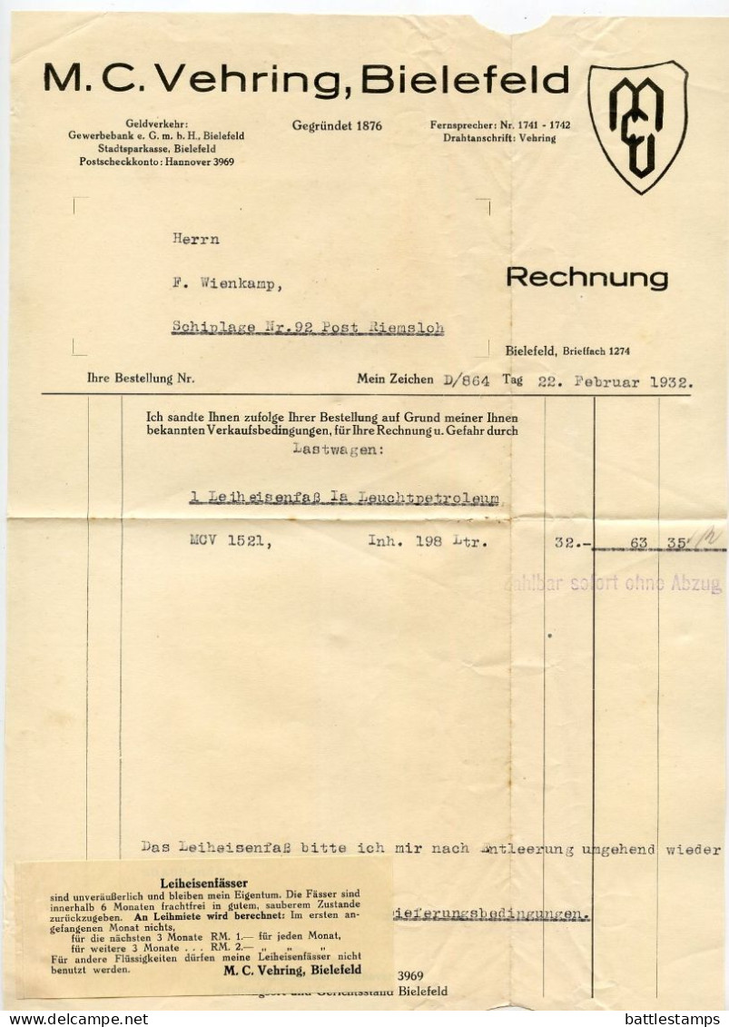 Germany 1932 Cover W/ Invoice; Bielefeld - M.C. Vehring To Schiplage;12pf. Hindenburg; Winterhilfe Slogan Cancel - Covers & Documents