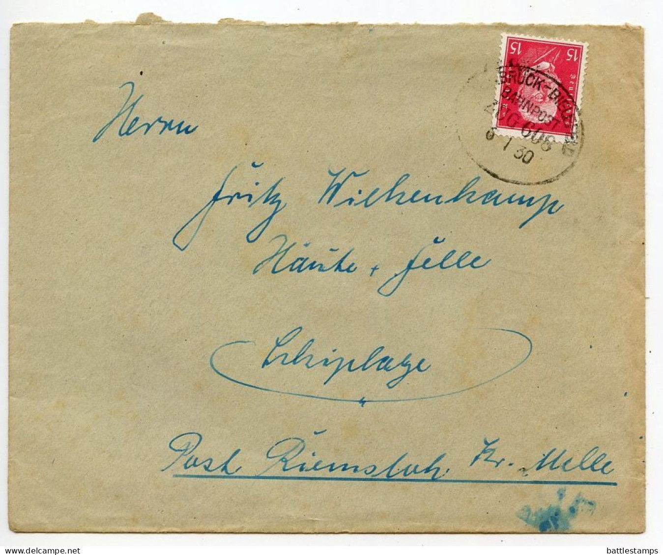 Germany 1930 Cover; Dissen To Schiplage;15pf. Hindenburg; TPO Postmark - Osnabrück-Bielefeld, Bahnpost, Zug 608 - Lettres & Documents