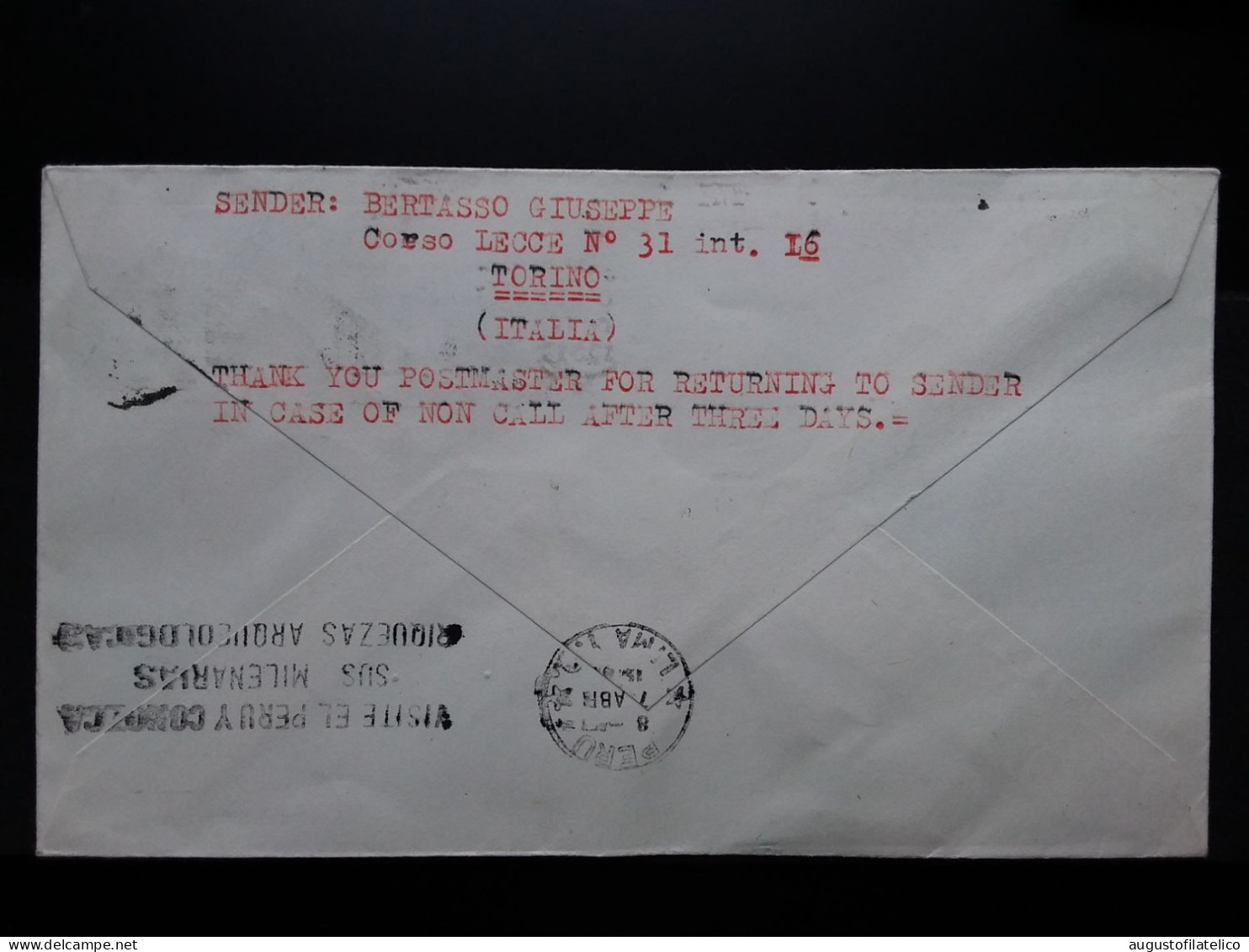 REPUBBLICA - Busta Viaggio Gronchi Spedita In Perù Con Francobollo Uruguay - Volata E Restituita + Spese Postali - 1961-70: Poststempel