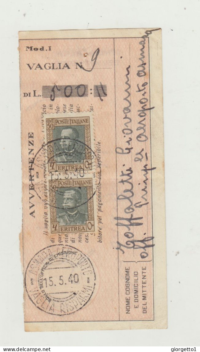 TAGLIANDO EMISSIONE VAGLIA RISPARMI - ASMARA AEROPORTO DEL 1940 WW2 - Poststempel