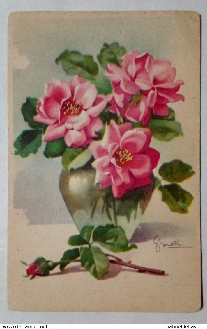 Carte Postale - Peinture D'un Pot Avec Des Roses. - Bloemen