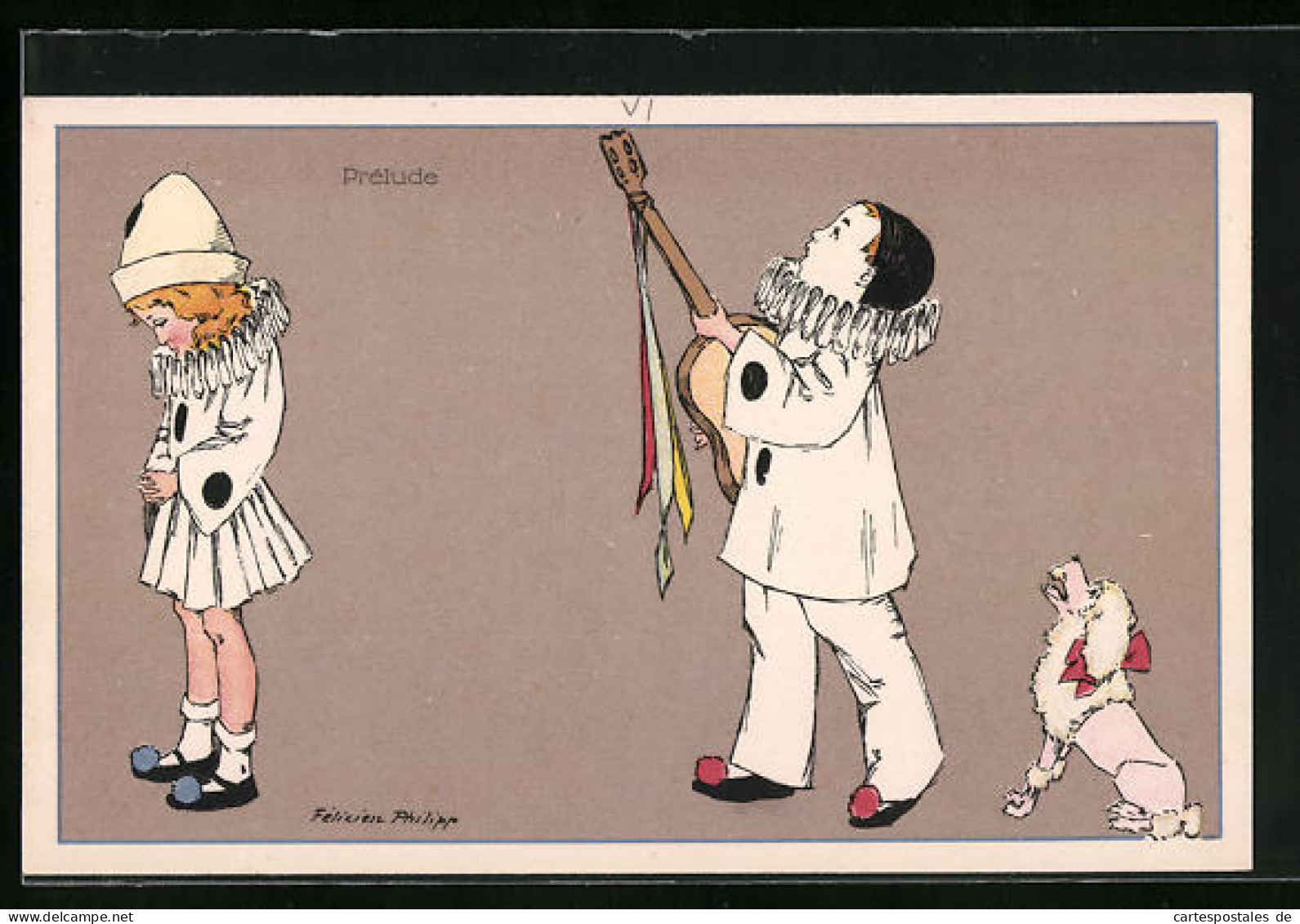 Künstler-AK Sign. Felicien Philipp: Junge In Harlekin-Kostüm Singt Für Trauriges Mädchen, Pudel  - Karneval - Fasching