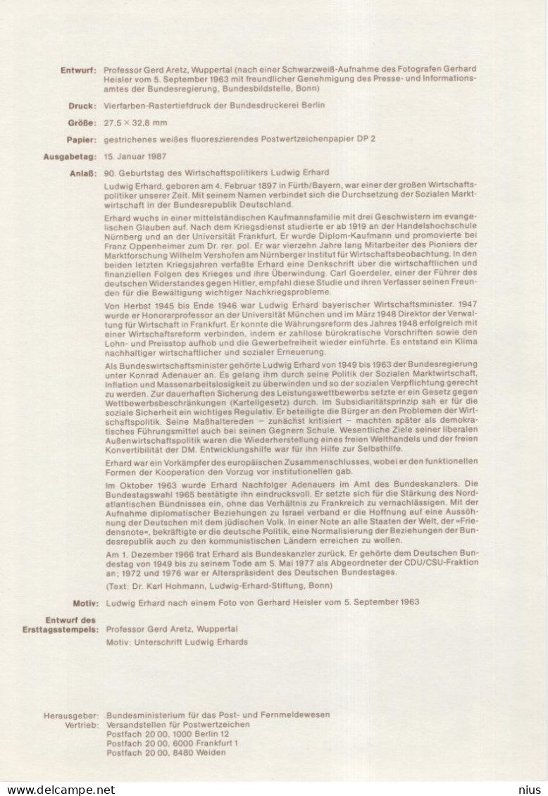 Germany Deutschland 1987-3 90. Geburtstag Ludwig Erhard, German Politician, Canceled In Bonn - 1981-1990