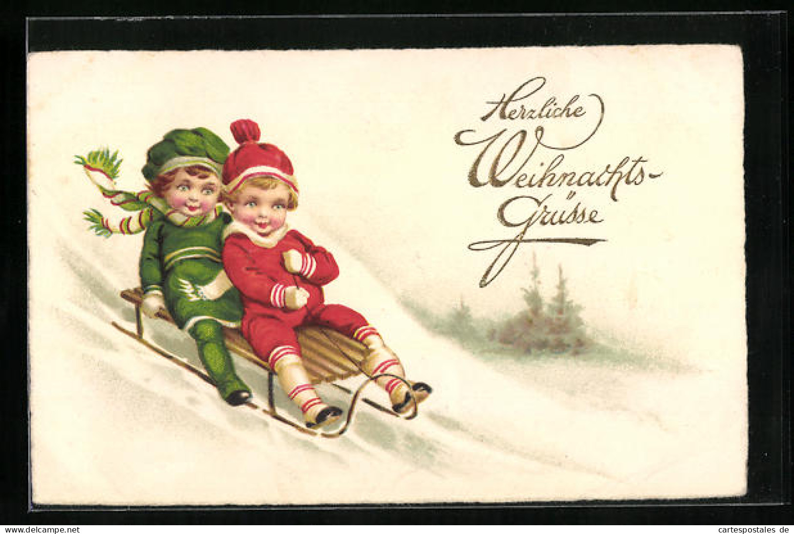 Künstler-AK Weihnachtsgruss, Kinder Fahren Schlitten  - Wintersport