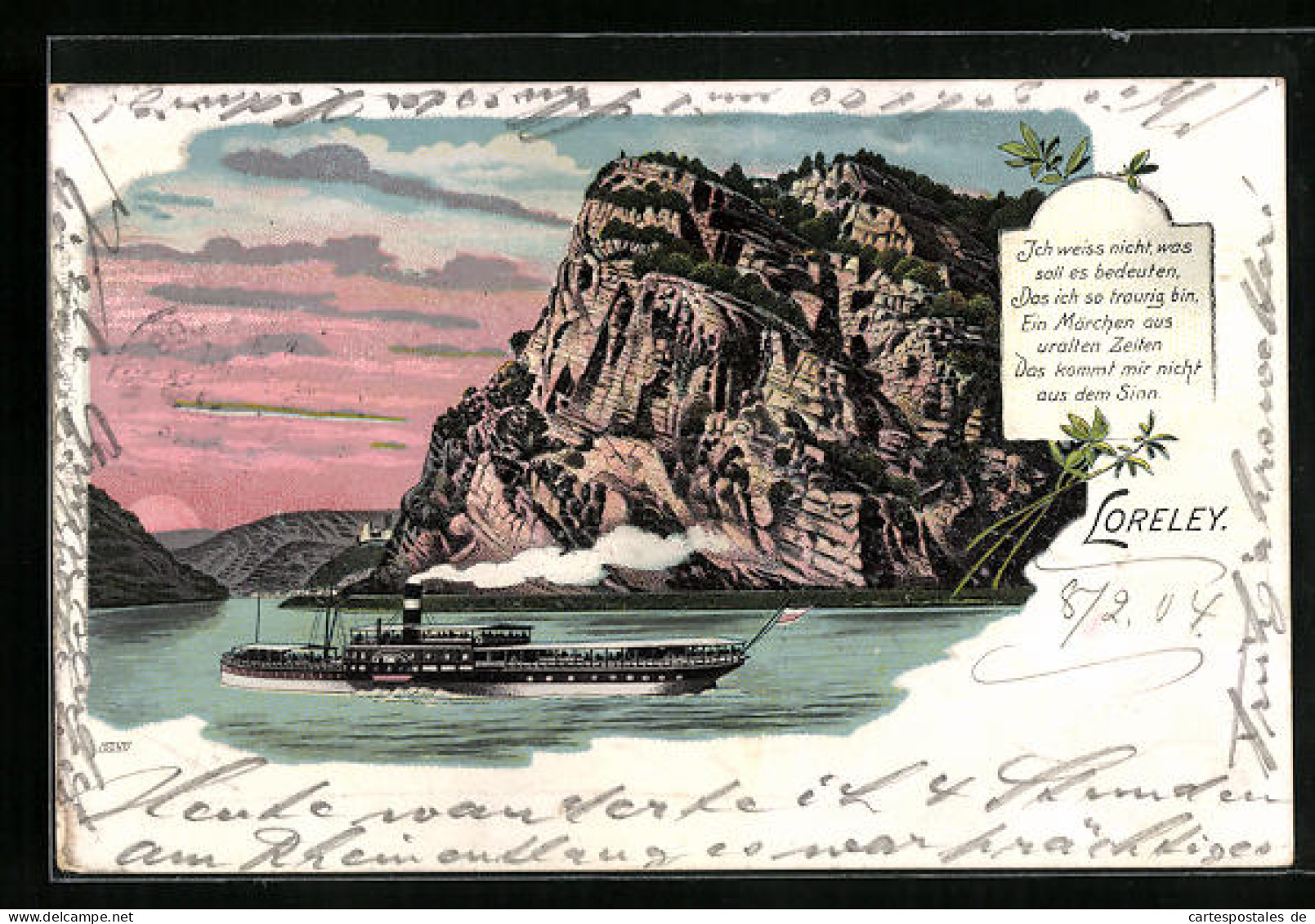 Lithographie Rheindampfer Passiert Den Loreleyfelsen  - Vertellingen, Fabels & Legenden