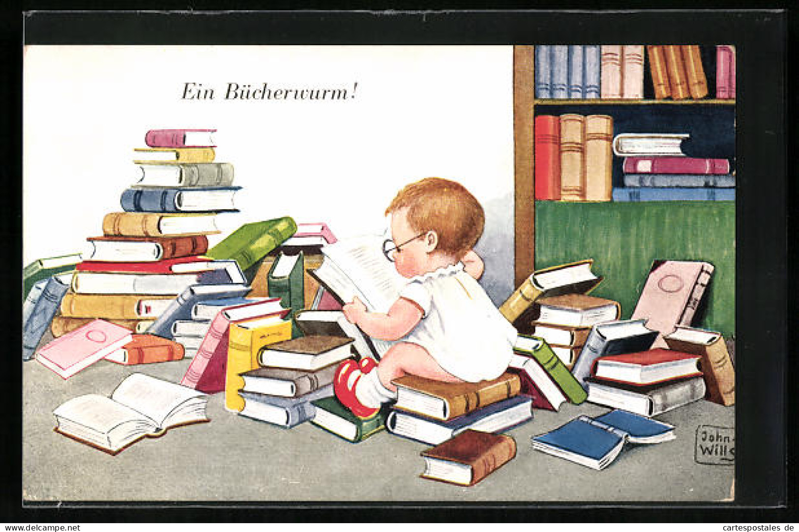 Künstler-AK John Wills: Kleines Kind Ist Ganz Vertieft In Die Bücher, Bücherwurm  - Wills, John
