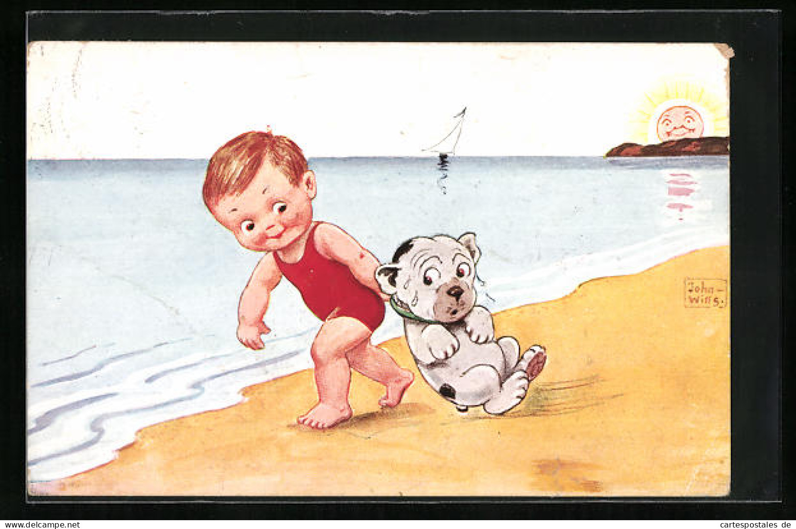 Künstler-AK John Wills: Kind Schleppt Hund Mit Ins Meer, Sonne Mit Gesicht  - Wills, John