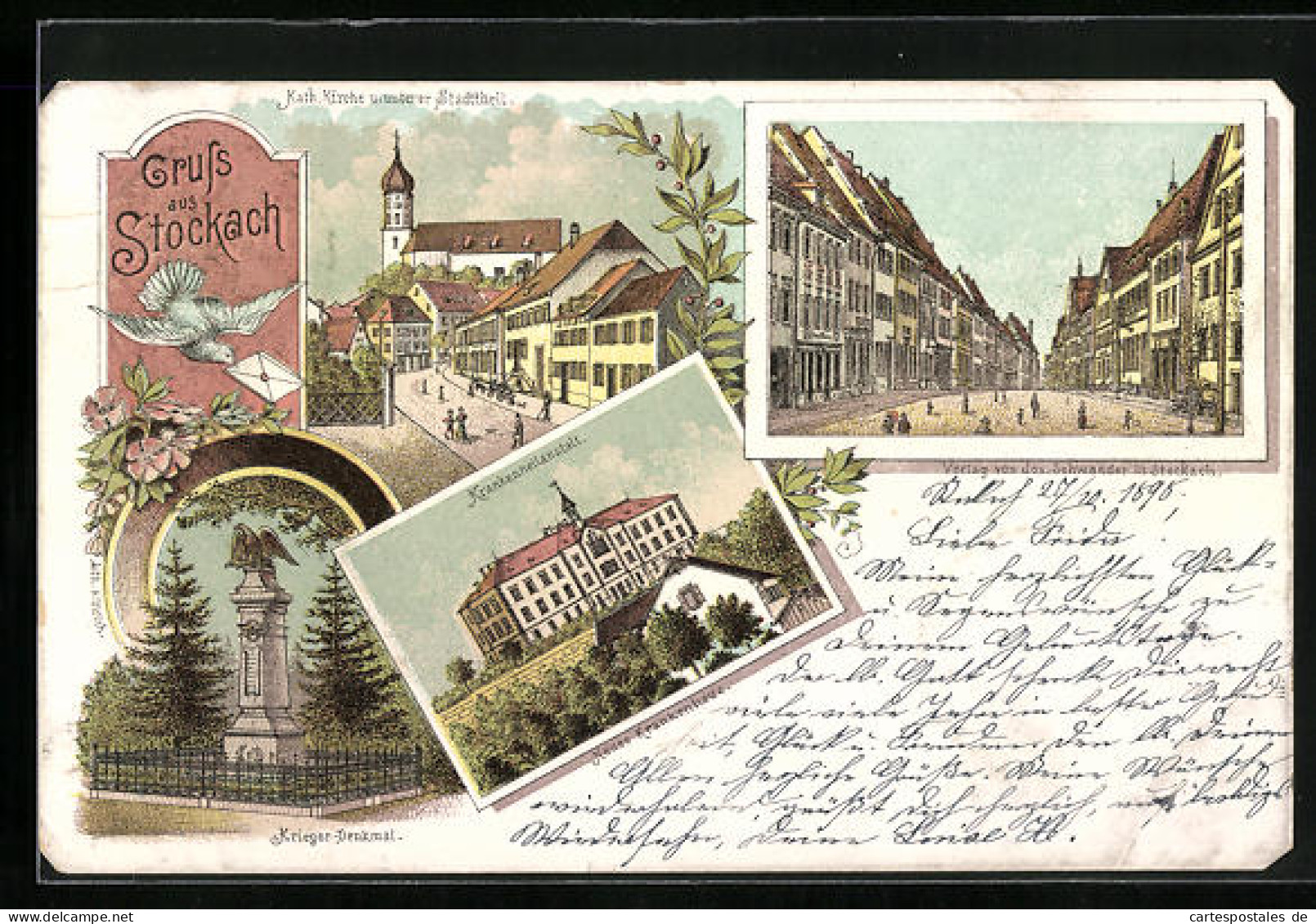 Lithographie Stockach, Krieger-Denkmal, Krankenheilanstalt, Kath. Kirche  - Stockach