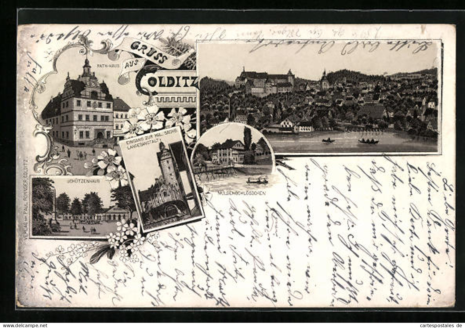 Lithographie Colditz, Rathaus, Schützenhaus, Muldenschlösschen  - Colditz