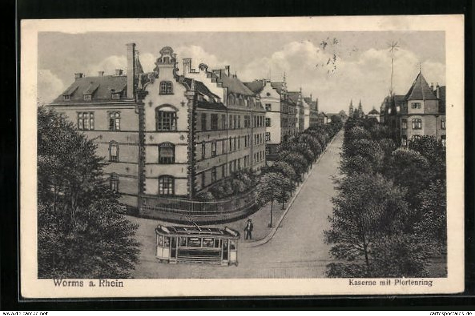 AK Worms /Rhein, Strassenbahn An Der Kaserne Mit Pfortenring  - Tramways