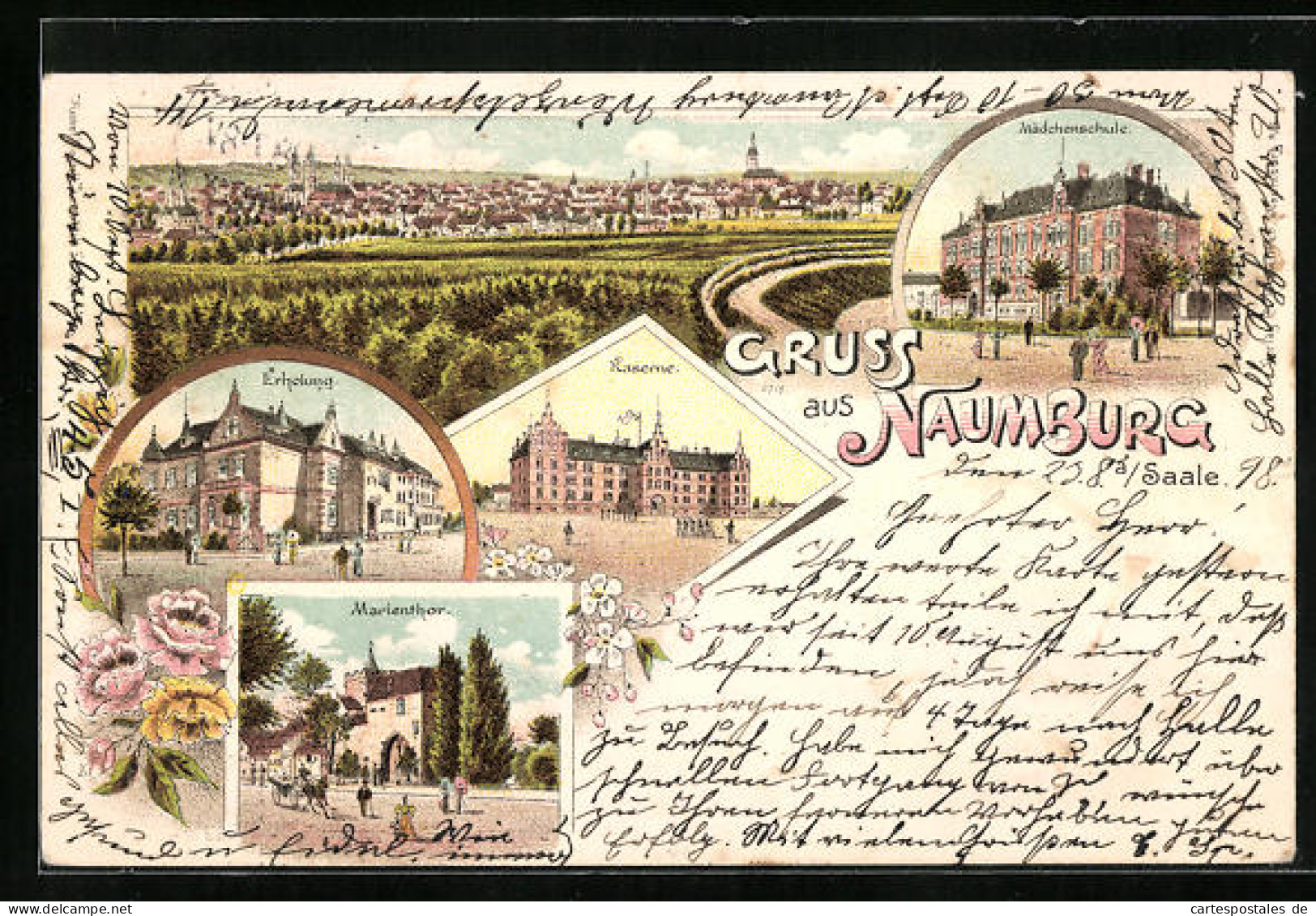 Lithographie Naumburg, Kaserne, Mädchenschule, Marienthor, Gesamtansicht  - Naumburg (Saale)