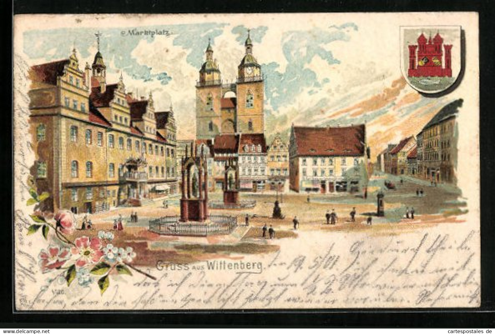Lithographie Wittenberg, Marktplatz Mit Kirche Und Wappen  - Wittenberg