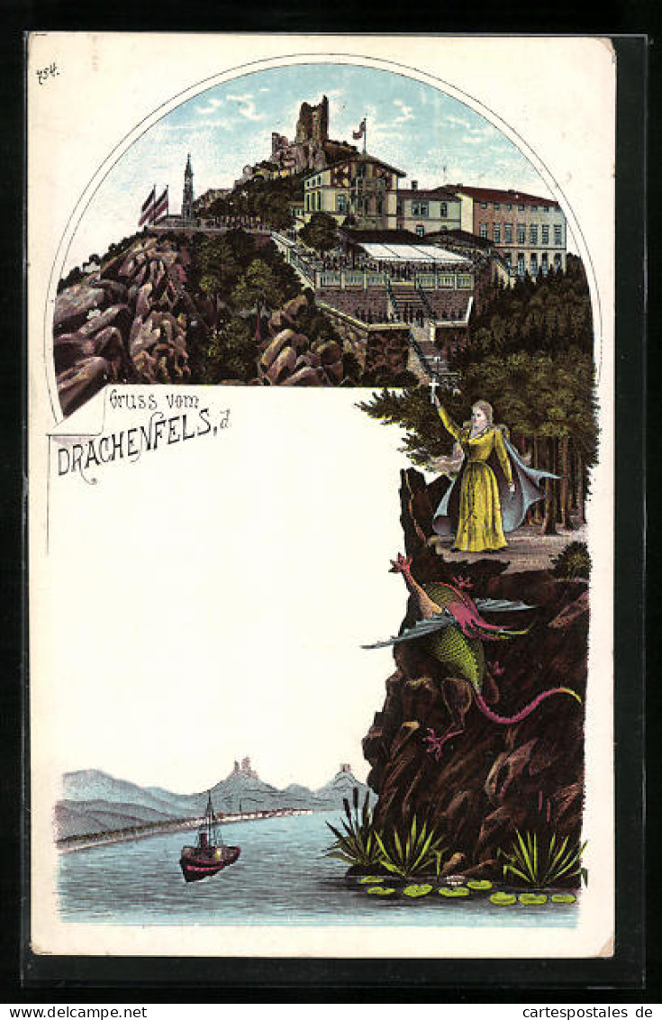 Lithographie Drachenfels, Panoramaansicht  - Drachenfels