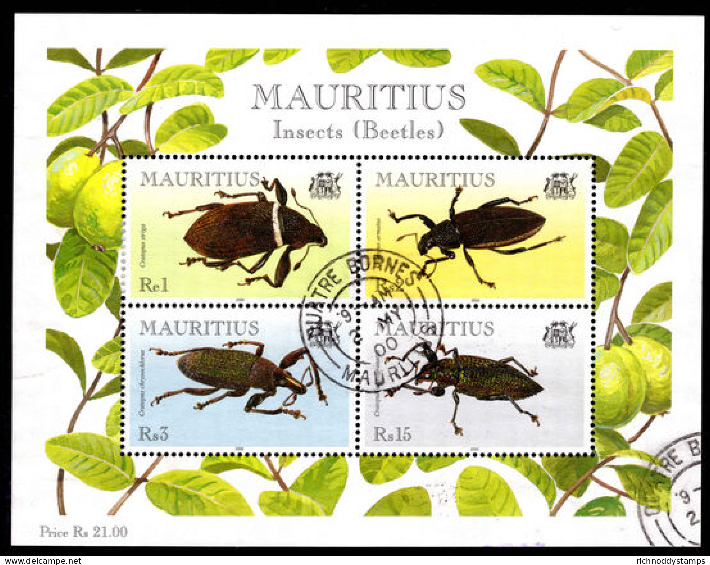 Mauritius 2000 Beetles Souvenir Sheet Fine Used. - Mauritius (1968-...)