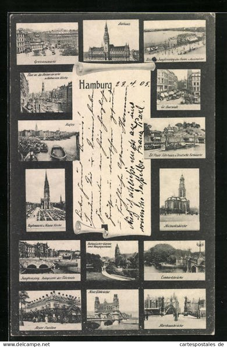 AK Hamburg, Ortsansicht Mit Rathaus, Lombardsbrücke Und Hafen  - Mitte