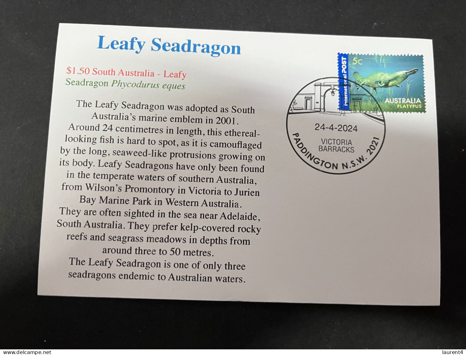 3-5-2023 (4 Z 1)  Leafy Seadragon Info Cover (aka Hippocante) (with Platypus Stamp) - Cartas & Documentos