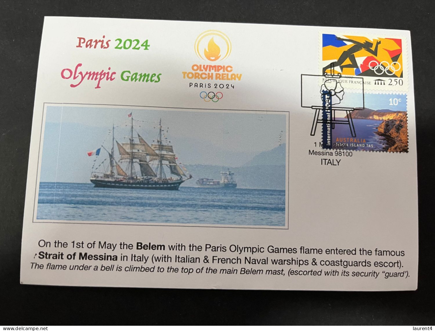 3-5-2024 (4 Z 2) Paris Olympic Games 2024 - The Olympic Flame Travel On Sail Ship BELEM Via The Stait Of Messine (Italy) - Verano 2024 : París