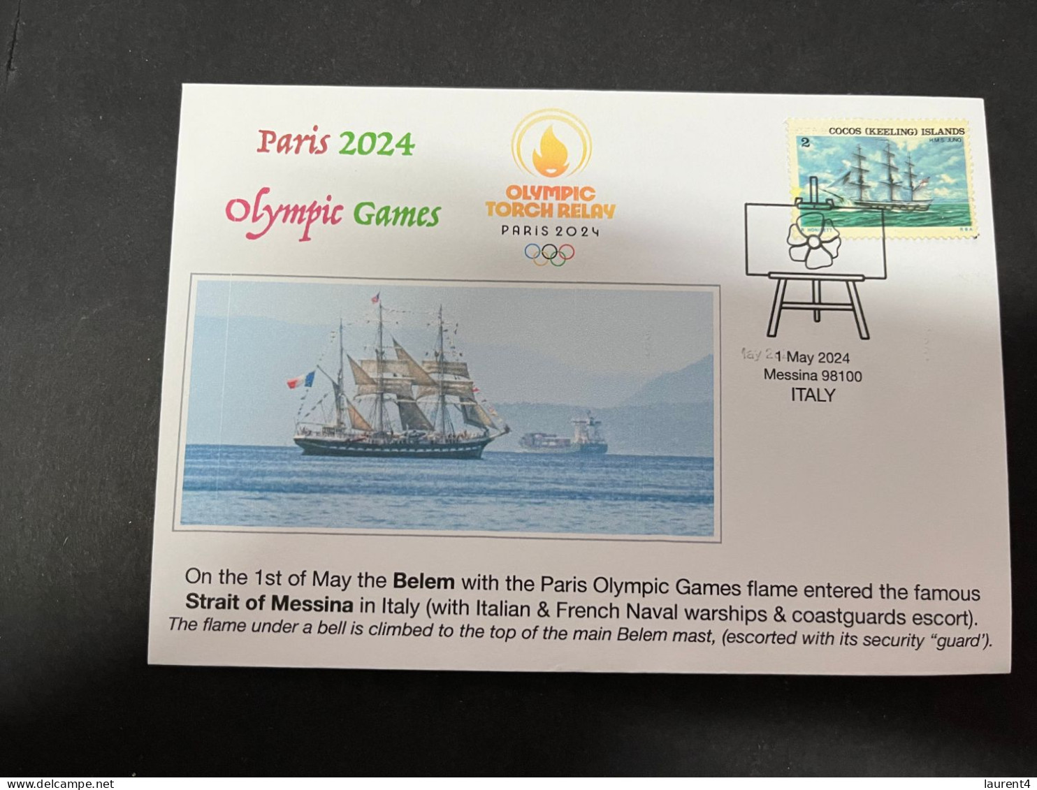 3-5-2024 (4 Z 2) Paris Olympic Games 2024 - The Olympic Flame Travel On Sail Ship BELEM Via The Stait Of Messine (Italy) - Zomer 2024: Parijs