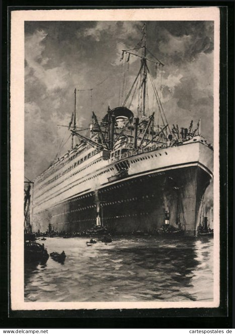 Künstler-AK Italienisches Passagierschiff MS Vulcania In Der Bugansicht Am Hafen  - Steamers