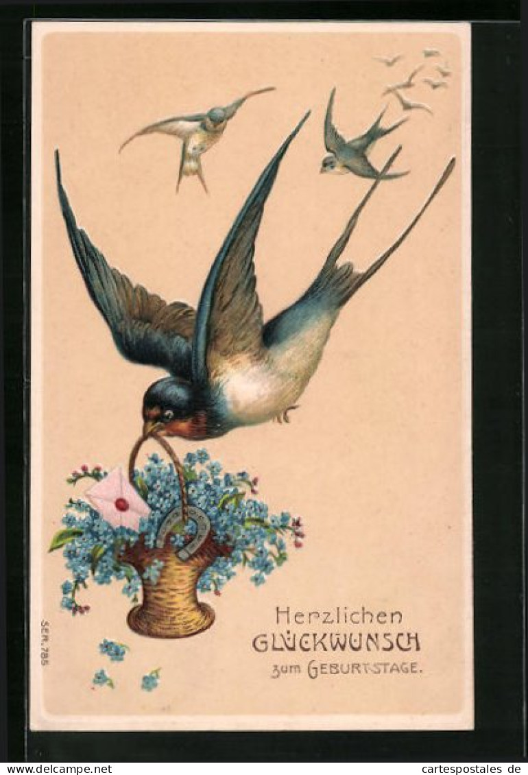 Künstler-AK Schwalbe Mit Blumenkorb Im Schnabel - Geburtstagsgruss  - Birds