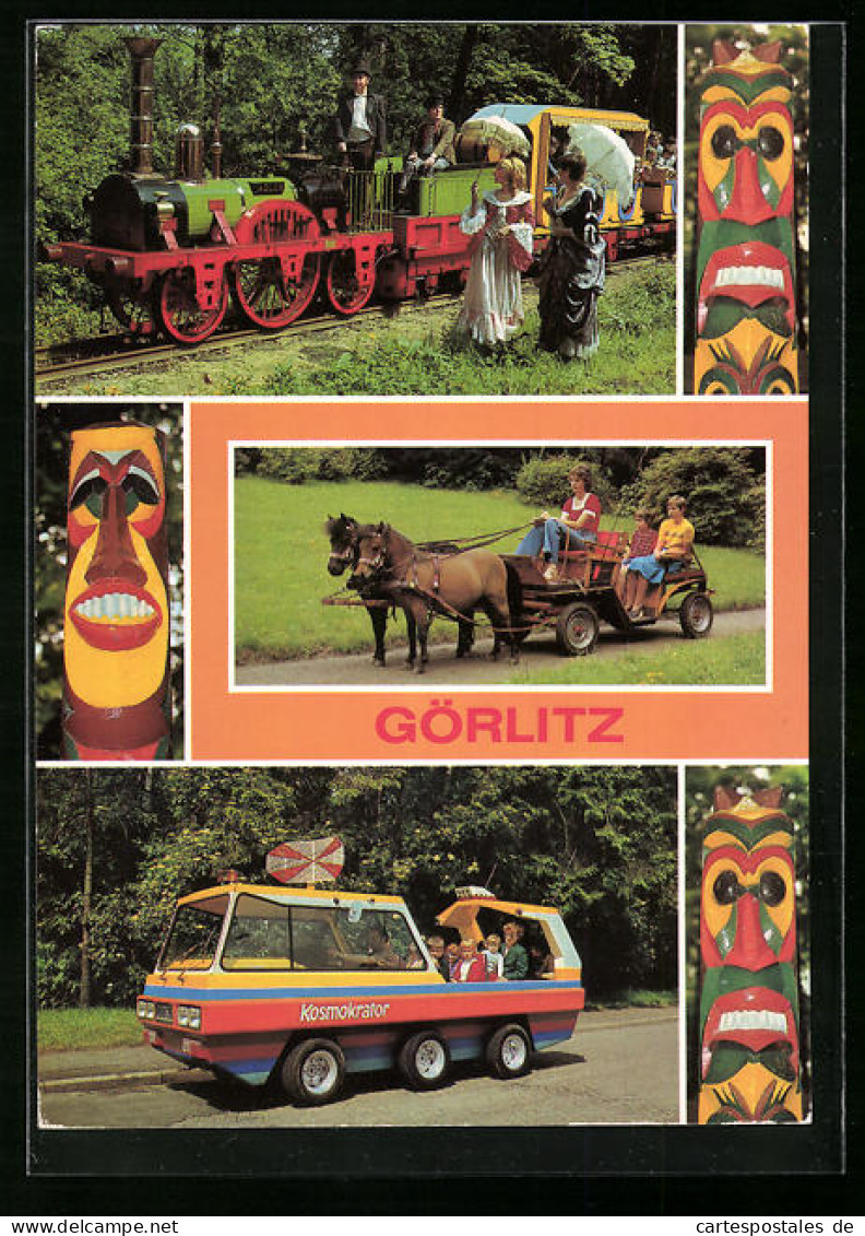 AK Görlitz, Park Der Thälmann-Pioniere, Oldtimer-Pioniereisenbahn, Ponygespann Tanja Und Karino, Mondauto Kosmokrator  - Goerlitz