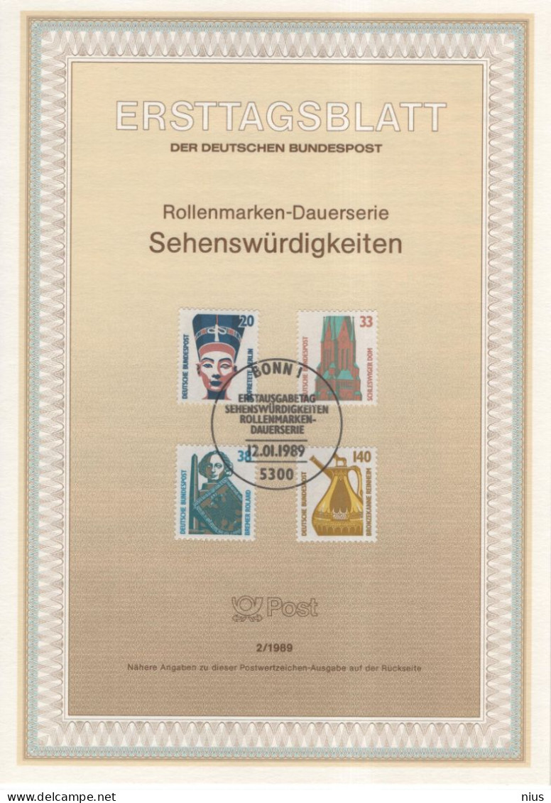 Germany 1989-2 Sehenswurdigkeiten, Nofretete Nefertiti Bronzekanne Reinheim Bremer Roland Schleswiger Dom, Bonn - 1981-1990