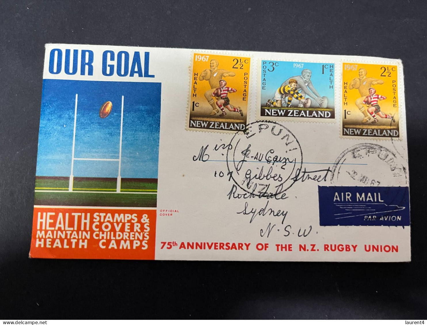 3-5-2024 (4 Z 4) FDC New Zealand Letter (posted To Australia) 1967 - 75th Anni. New Zealand Rugby Union (Health Stamps) - FDC