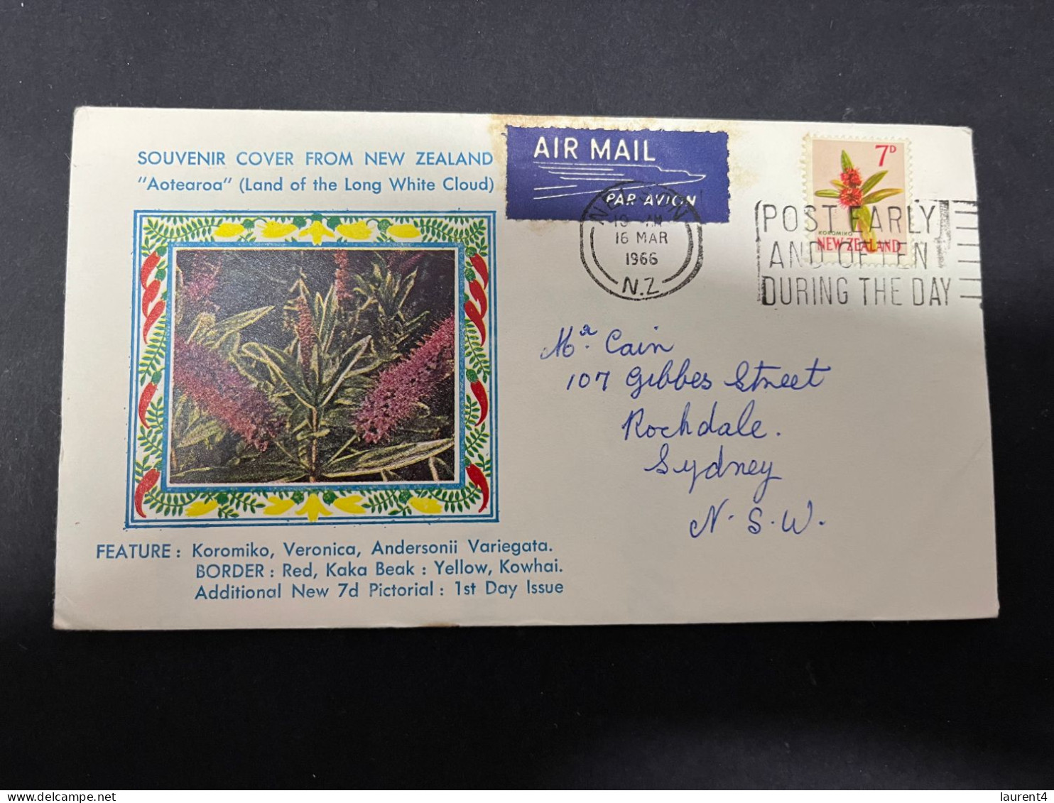 3-5-2024 (4 Z 4) FDC  New Zealand Letter (posted To Australia) 1966 - Flower 7d (2 Covers) - FDC