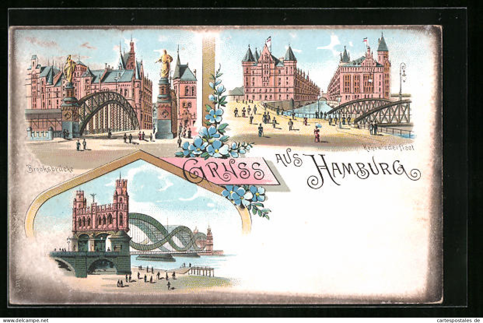 Lithographie Hamburg, Brooksbrücke, Kehrwiederfleet  - Mitte