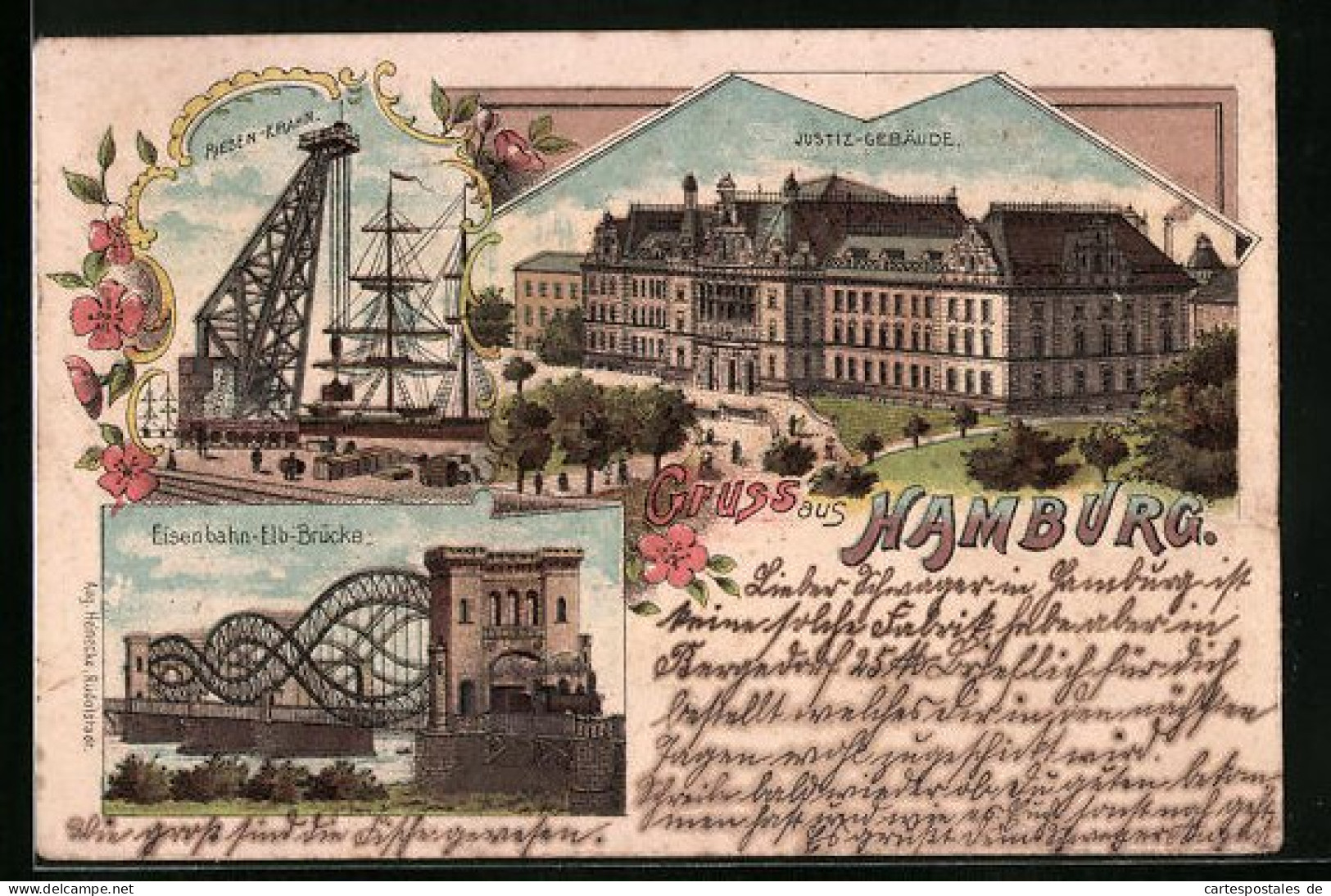 Lithographie Hamburg, Riesen-Krahn, Justiz-Gebäude, Eisenbahn-Elb-Brücke  - Mitte