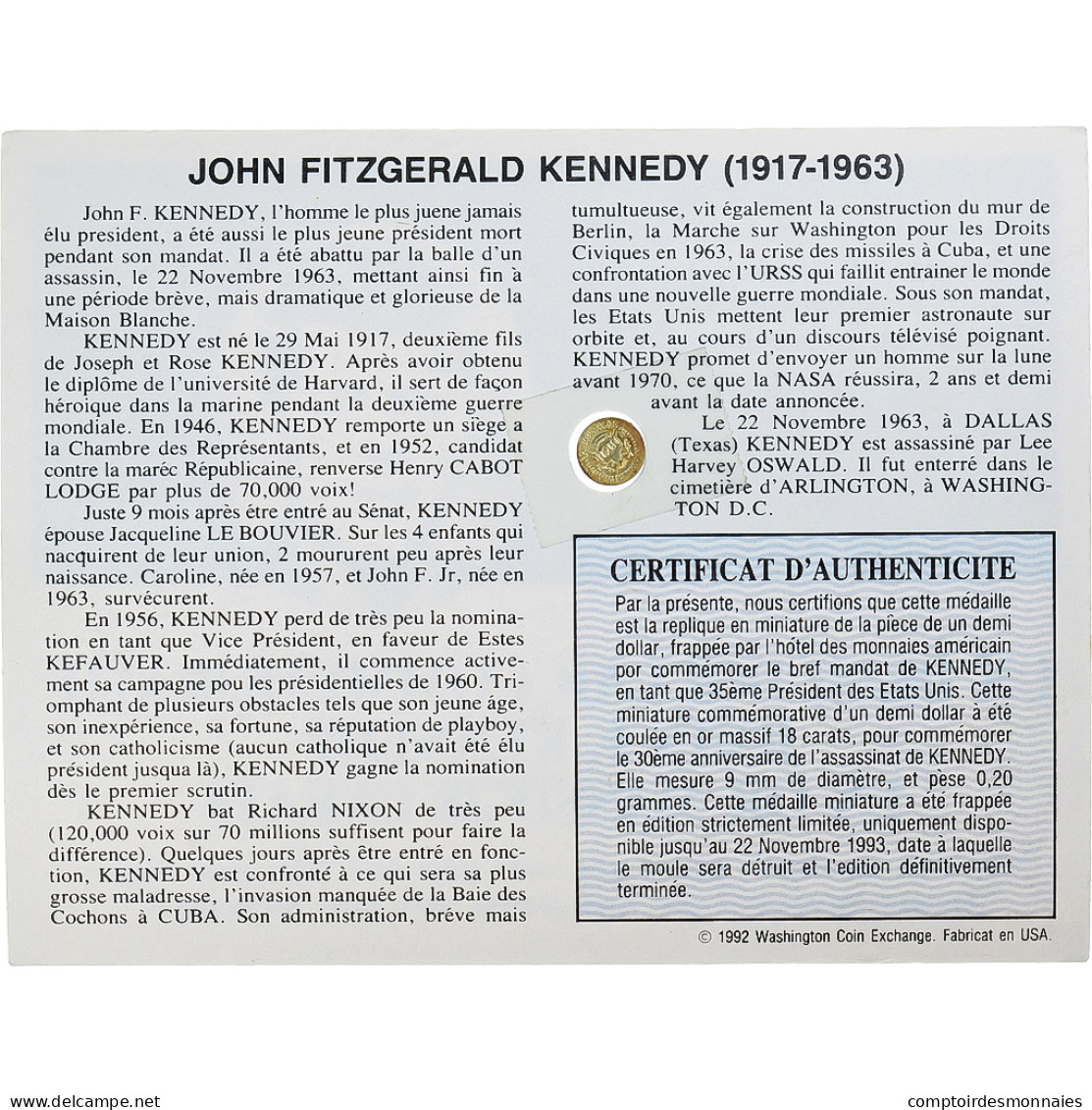 États-Unis, Médaille, John Fitzgerald Kennedy, 1993, Or, TTB - Otros & Sin Clasificación