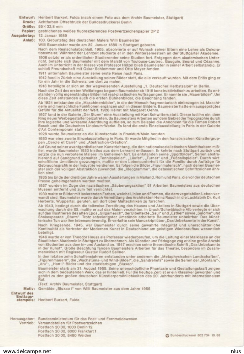 Germany Deutschland 1989-4 Willi Baumeister, Painter, Scenic Designer, Art Professor, Typographer, Canceled In Bonn - 1981-1990