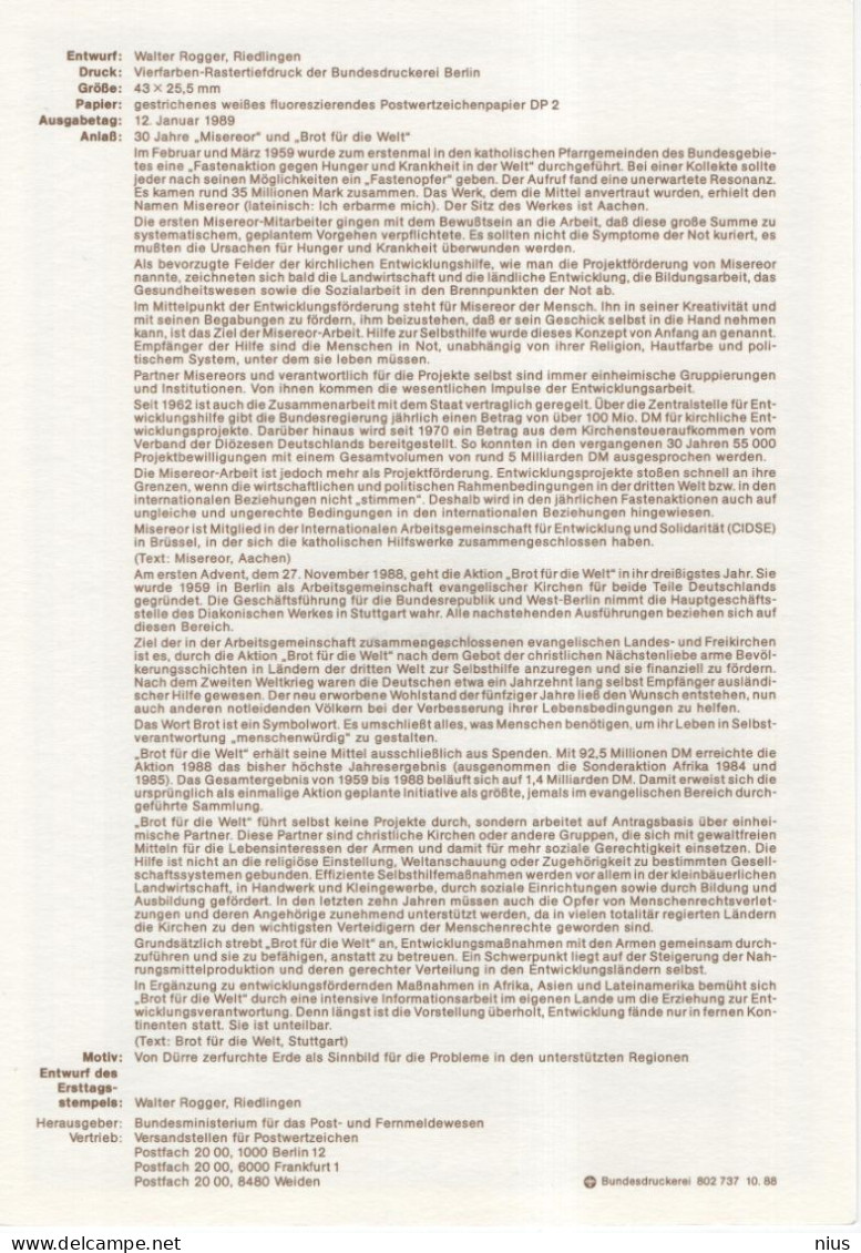 Germany Deutschland 1989-5 30 Jahre Misereor Und Brot Fur Die Welt, Bread For The World, Canceled In Bonn - 1981-1990