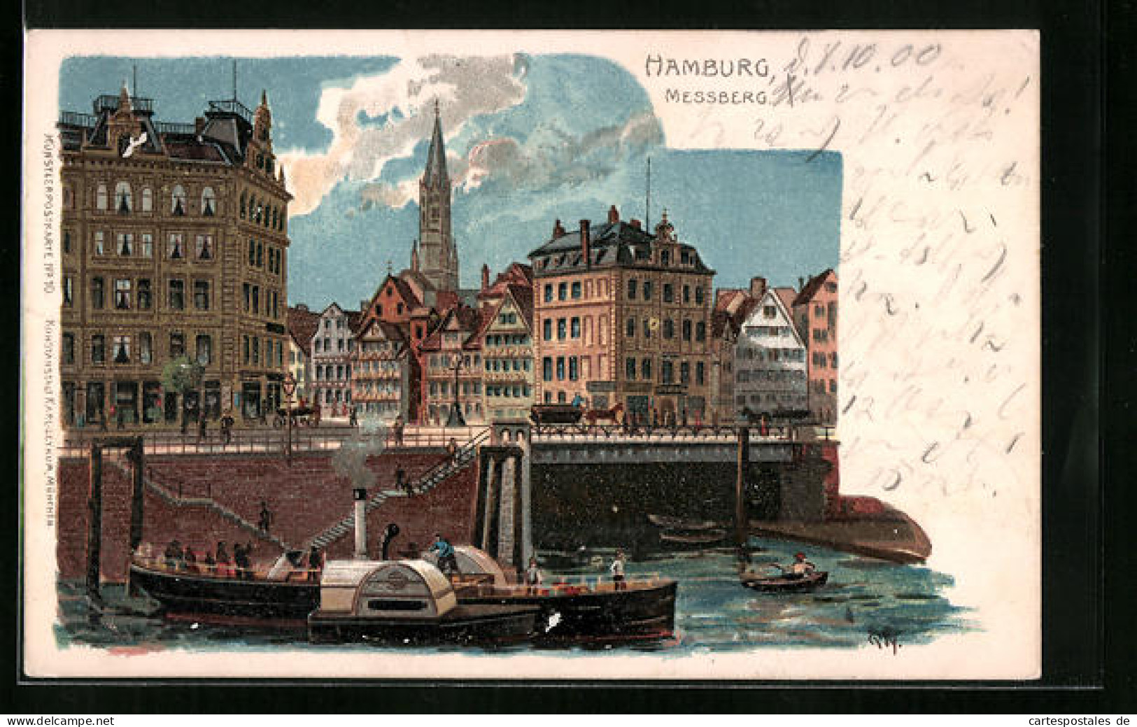 Lithographie Hamburg, Messberg Mit Uferpartie Mit Dampfer  - Mitte