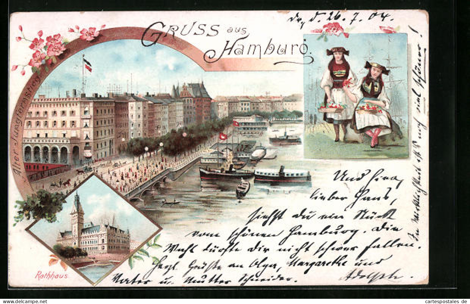 Lithographie Hamburg, Rathaus, Alter Jungfernstieg, Vierländerinnen In Trachten  - Mitte