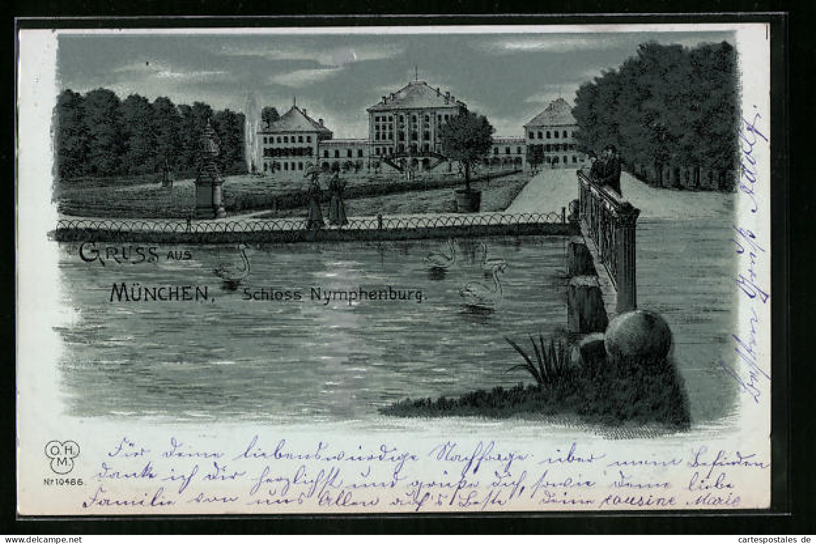 Mondschein-Lithographie München, Schloss Nymphenburg Mit Uferpartie  - Muenchen