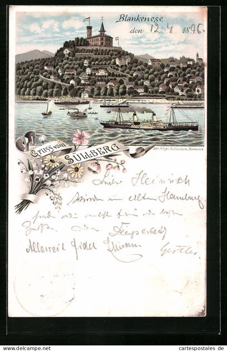 Lithographie Hamburg-Blankenese, Dampfer Gegen Süllberg  - Blankenese