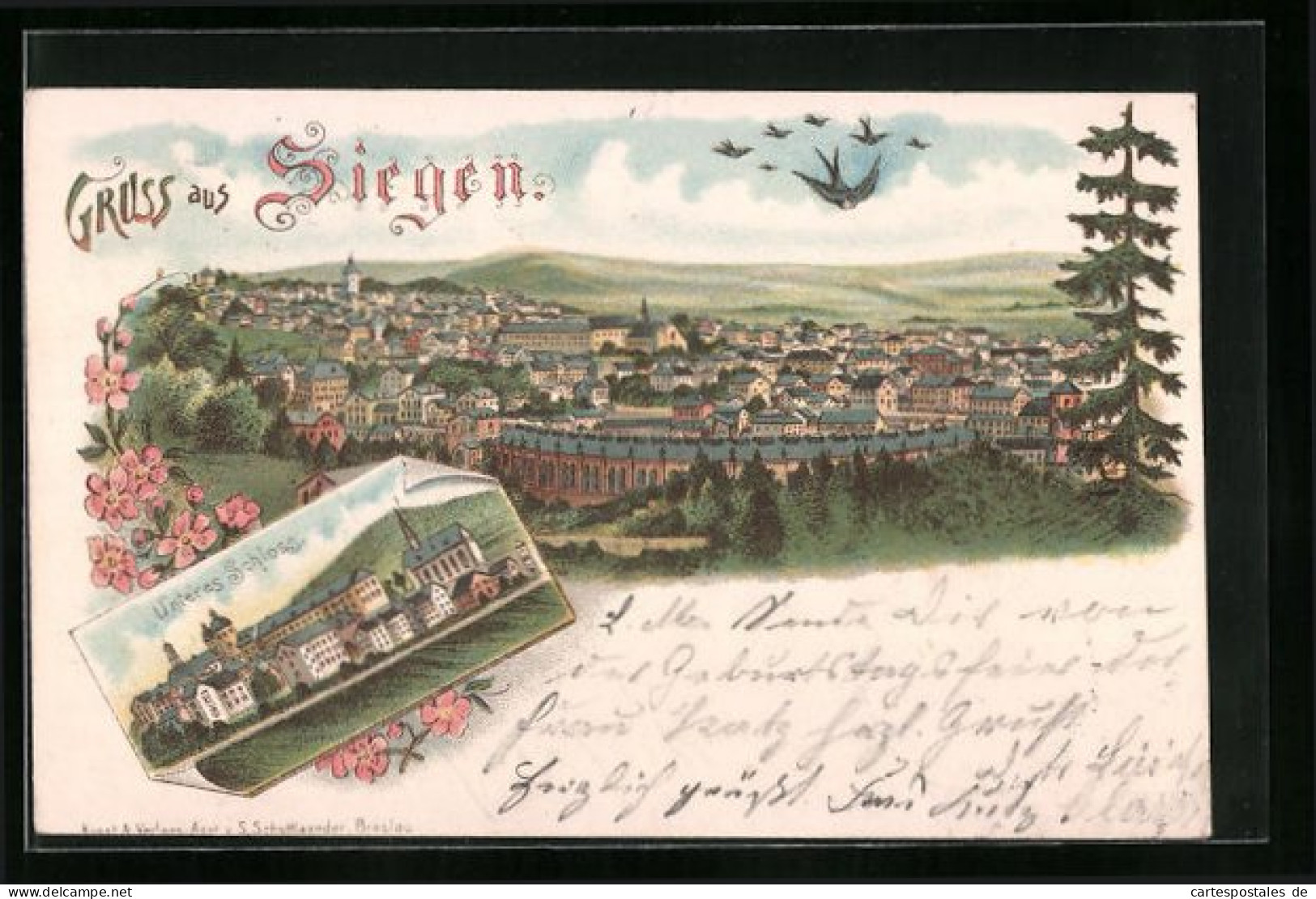 Lithographie Siegen, Unteres Schloss, Panorama  - Siegen