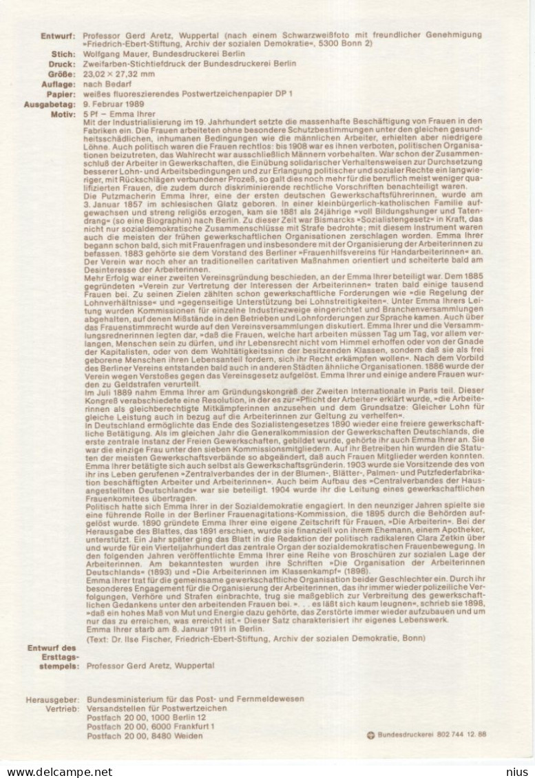 Germany Deutschland 1989-6 Frauen, Emma Ihrer, Feminist And Trade Unionist, Canceled In Bonn - 1981-1990