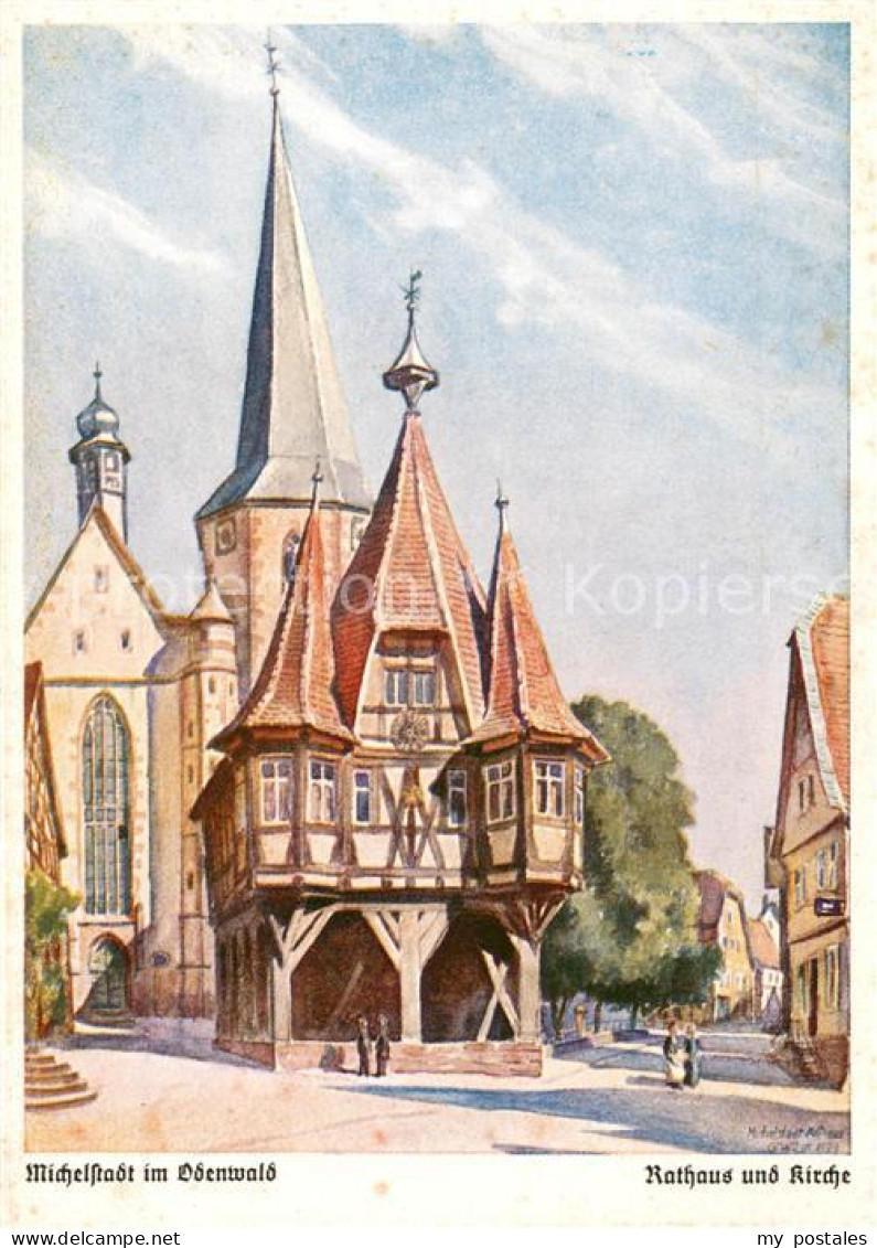 73623606 Michelstadt Rathaus Und Kirche Kuenstlerkarte Michelstadt - Michelstadt