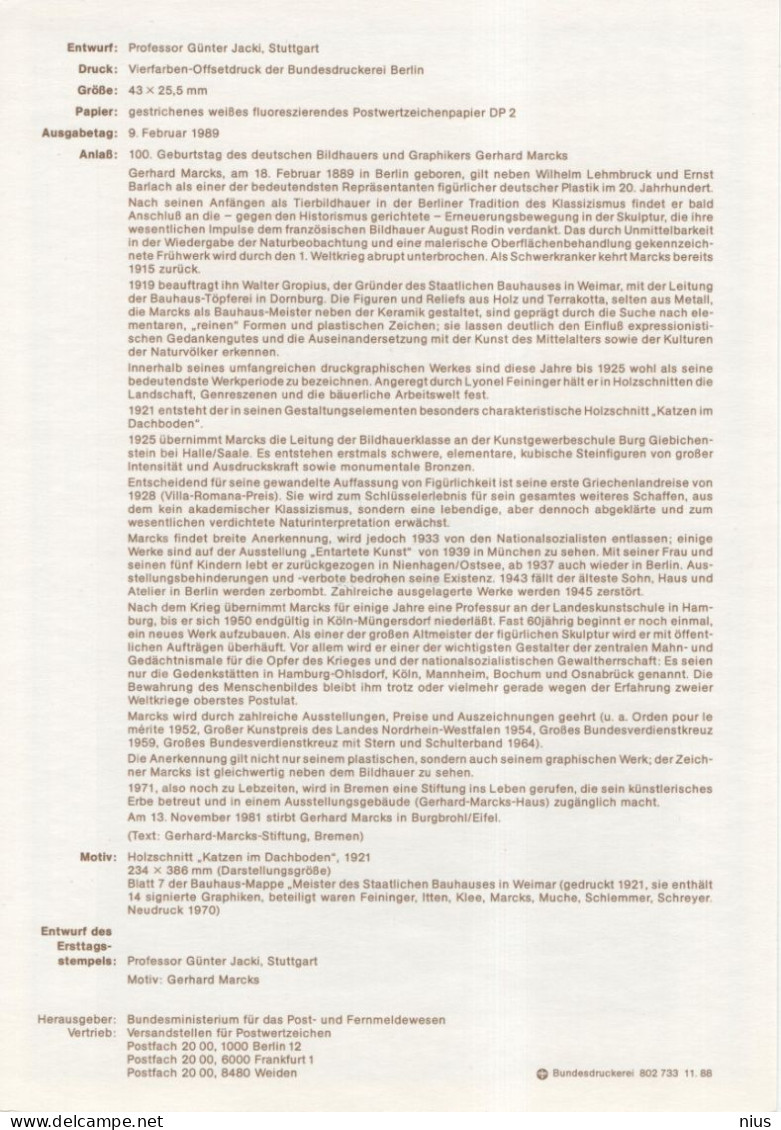 Germany Deutschland 1989-9 Gerhard Marcks, German Artist Sculptor Ceramics, Cat Cats, Canceled In Bonn - 1981-1990