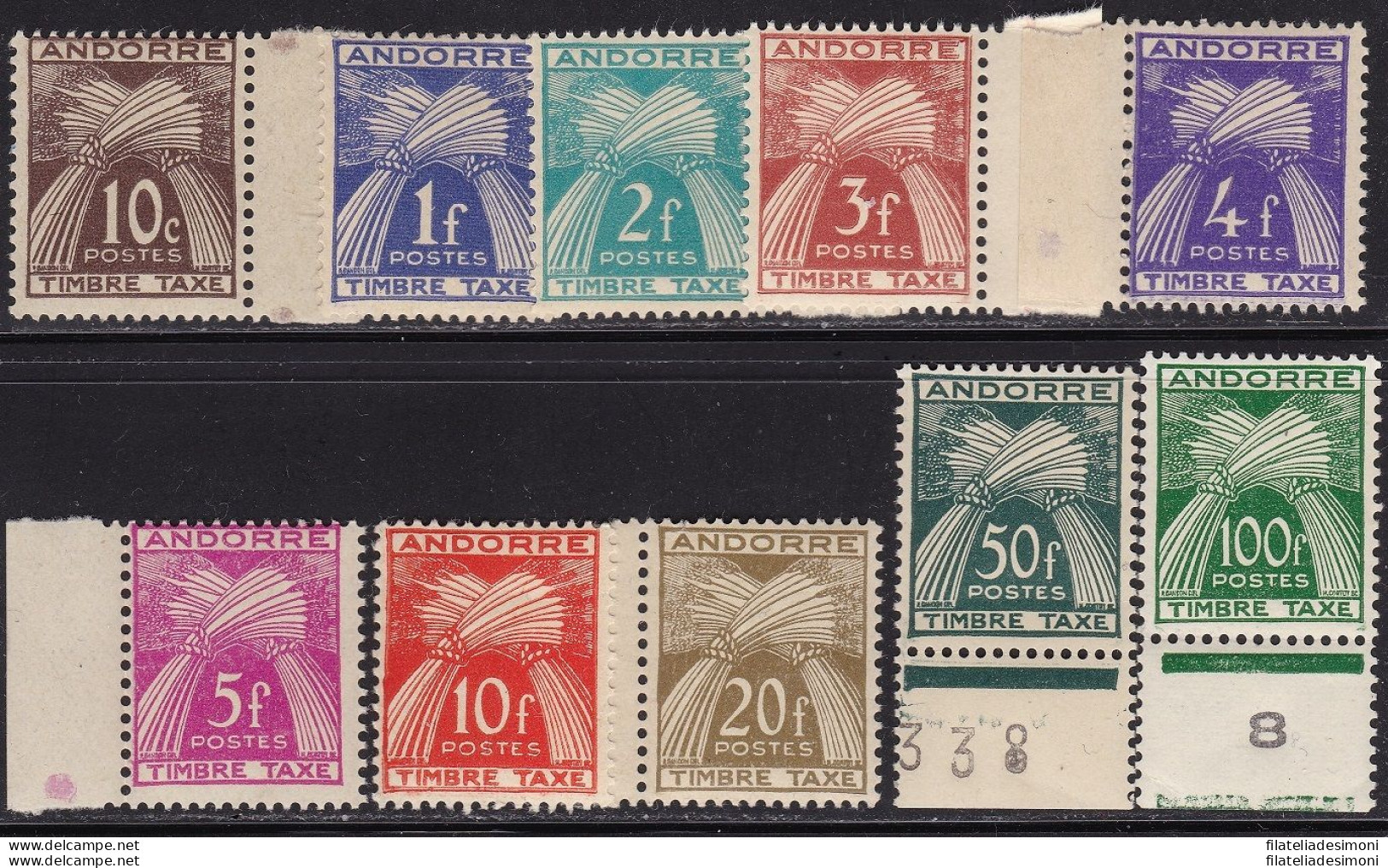 1946-53 ANDORRA FRANCESE,  Tasse N° 32/41 10 Valori  MNH/** - Other & Unclassified